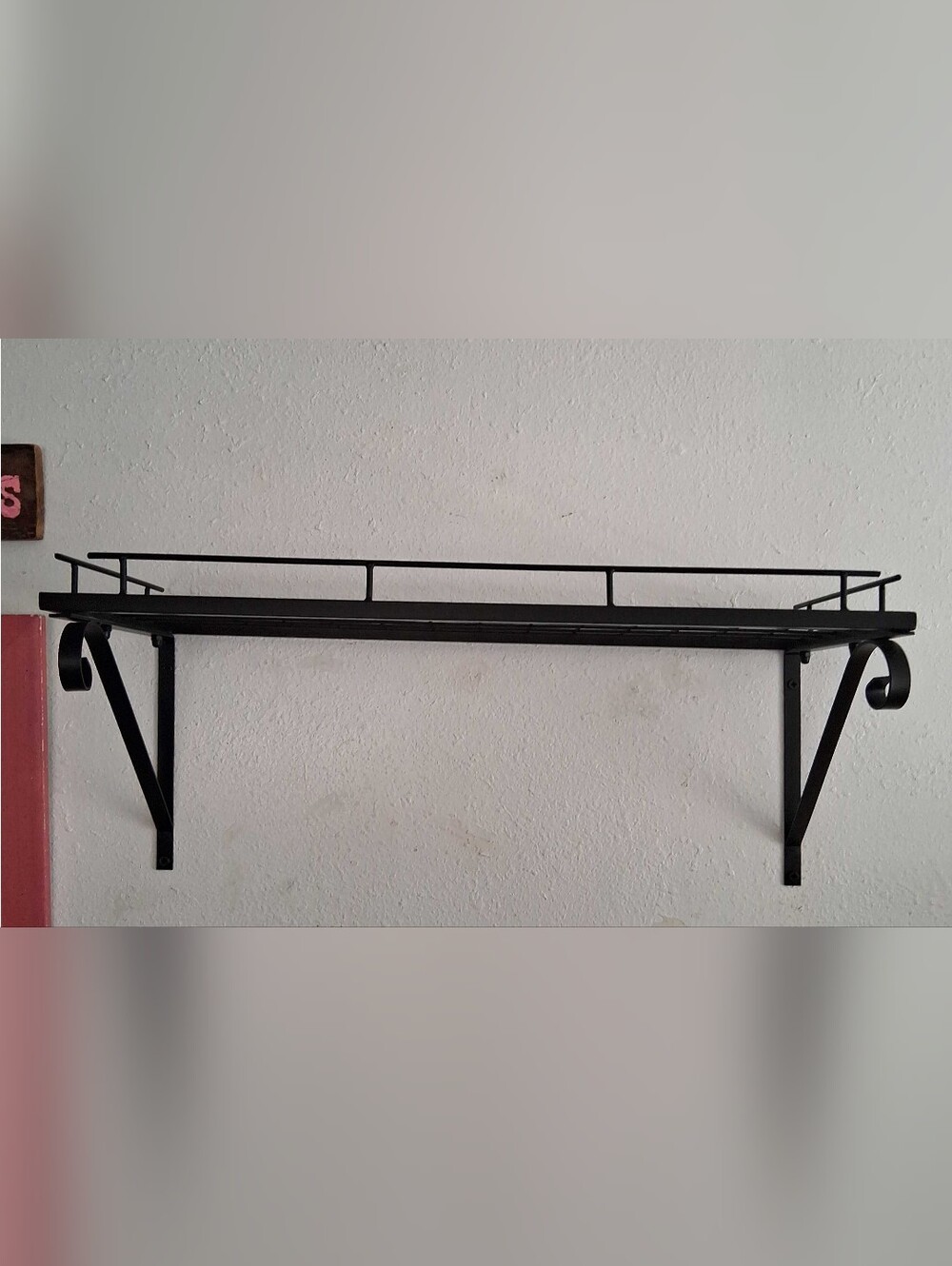 Black Metal Pot Rack/Wall Shelf with Decorative Brackets
